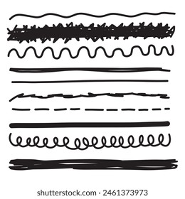 Set of lines, hand drawn dividers, doodle underlines, different thickness brush stripes. Vector illustration of scribble lines.