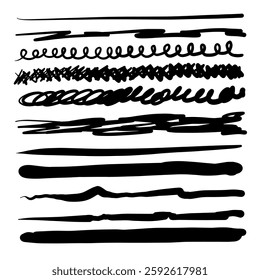 Set of lines, hand drawn dividers, doodle underlines, different thickness brush stripes. Vector illustration of scribble lines.