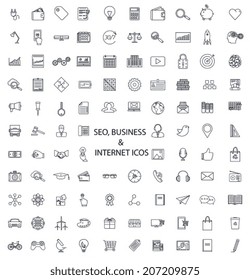 Set Of Lines Of Icons SEO, Business, Media, And Science.