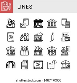 Set of lines icons such as Invoice, Bowling, Bank, Bowling pins, Hot pepper, Banking, Stairs, Viewfinder , lines