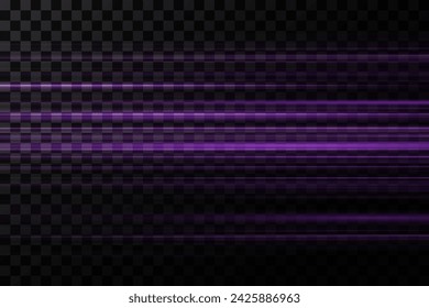 Set of lines, laser beams, bright light rays with glitter and dust on a transparent background. vector illustration