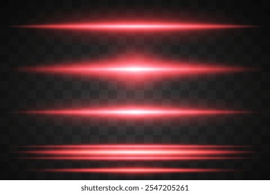 Set of lines. Laser lines of light. Horizontal neon red light. Glowing stripes.Vector illustration.