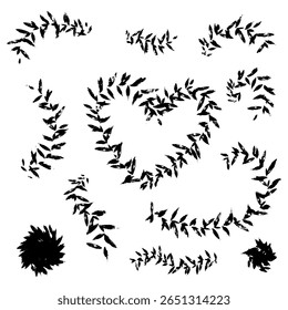 conjunto de linhas com folhas de textura mal impressa, com impressão desgastada, com riscos. Ilustração vetorial da coleção de linhas com ramificações. Elementos para blocos de anotações, cadernos de anotações como página principal. Preto