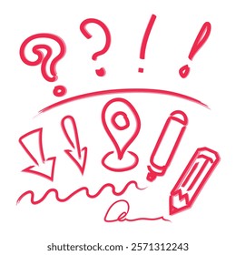 set of lines, question and exclamation marks, arrows, markers, pencil. handwritten in red marker