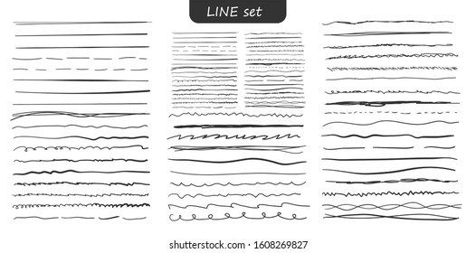 Set of lines are real markers. Different black lines - straight, wavy, broken, dashed, thick, thin. Underline. Ink hand drawn border and doodle design element. Vector illustration, EPS 10.