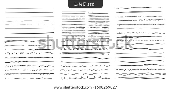 Set\
of lines are real markers. Different black lines - straight, wavy,\
broken, dashed, thick, thin. Underline. Ink hand drawn border and\
doodle design element. Vector illustration, EPS\
10.