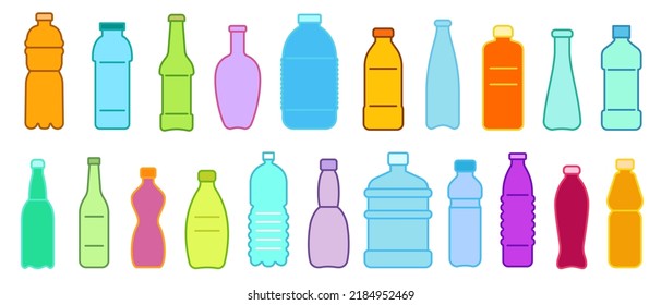 Set of lines silhouettes bottles various shapes isolated on white background. Collection minimal elements for food and drink icon, symbol. Vector illustration.