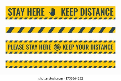 Set lines Social distancing Floor. Keep distance, please stay here. Due to Coronavirus or COVID-19 outbreak situation in all of landmass in the world
