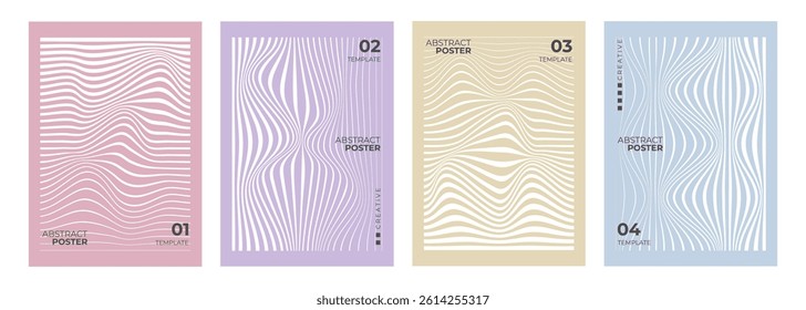 Set of lines wave style abstract posters. Wavy line patterns. Minimalist cover templates. Futuristic backgrounds for creative graphic design. Vector illustration.