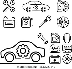 A set of line-style black editable icons for car repair services