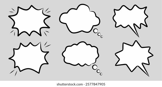 Set of line-style speech bubbles for quotes, dialogue, and text highlights in design projects. Speak bubble for chatting and message box.