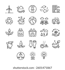 A set of line-style web icons representing ecology and the environment. Includes icons for ecology, energy, eco-friendliness, electric vehicles, global warming, renewable energy, and organic farming.
