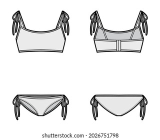 Set of lingerie - bra top and string bikinis panties technical fashion illustration with adjustable tie straps. Flat brassiere template front back grey color style. Women men unisex underwear CAD