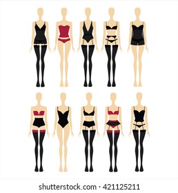 un conjunto de juegos de lencería dibujados en el vector. gracia. del cuerpo. bragas. sostén. arriba. Garter. medias. traje sexy. vestido de noche.
