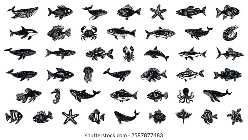 Set of linocut hand-drawn marine animals in black ink style, including fish, whales, dolphins, sharks, crabs, octopus, and starfish, isolated on transparent background