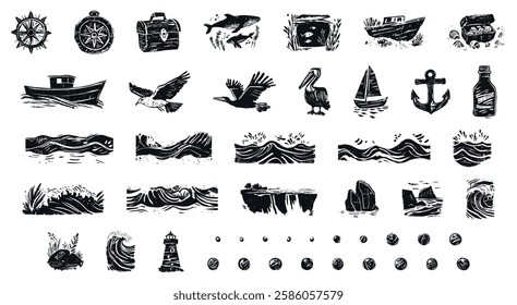 Set of linocut hand-drawn nautical and marine elements in black ink style, including compass, anchor, boat, seagulls, waves, lighthouse, and treasure chest, isolated on transparent background