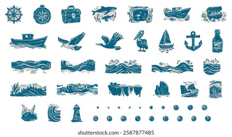 Set of linocut hand-drawn nautical and marine elements in blue and beige ink style, including compass, anchor, boat, seagulls, waves, lighthouse, and treasure chest, isolated on transparent background