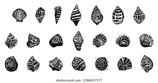 Set of linocut hand-drawn seashells in black ink style, featuring different shell species with intricate patterns and textures, isolated on transparent background