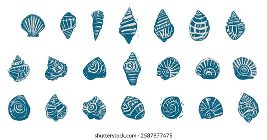 Set of linocut hand-drawn seashells in blue and beige ink style, featuring different shell species with intricate patterns and textures, isolated on transparent background