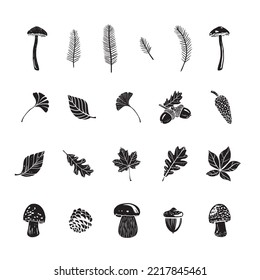 set of linoprint leaves, mushrooms and other forest elements