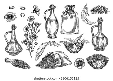 Set with linseed oil. Black and white hand-drawn vector illustration. Bottles of linseed oil, oil splashes, flowers, burlap bags, a cup and a scoop of linseed. For labels, packaging, posters, and more
