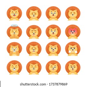 Set of lion avatars, emoticons showing various expressions. Cartoon lion laughing, surprised, angry, smile, shocked, wicked and showing other emotions. Vector illustration
