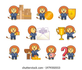 Set of lion in business suit showing various actions.  lion mascot standing near parcel boxes, big coin, shield, treasure chest, question mark and showing other actions. Vector illustration
