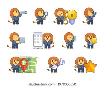 Set of lion in business suit in various situations.  lion mascot holding spyglass, magnifier, binoculars, laptop, idea bulb, talking to phone and showing other actions. Vector illustration