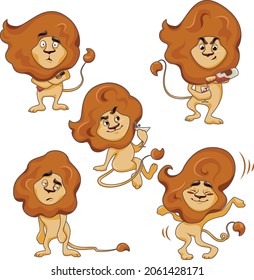 Juego de personajes de león en cinco poses y emociones. Ilustración vectorial aislada en el fondo en blanco. 