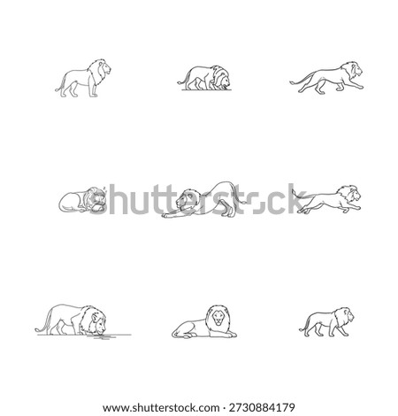 Set of Lion Character Outlines in Various Poses for Coloring Book.