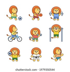 Set of lion characters doing various sports. lion mascot playing football, basketball, riding bike, running and showing other actions. Vector illustration bundle