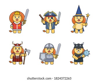 Set of lion characters in various medieval outfits. Lion king, knight, viking, pirate, wizard and black knight characters. Vector illustration