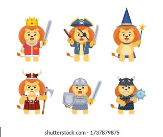Set of lion characters wearing various medieval costumes. Lion king, knight, viking, pirate, wizard and black knight characters. Vector illustration