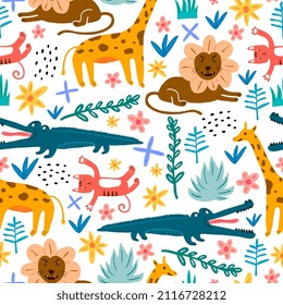 Set of lion, crocodile, giraffe and zebra cute animal in childish style isolated on white background.
