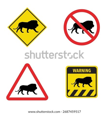Set of lion crossing traffic sign. Vector illustration of yellow triangle warning sign and white cirle warning sign with lion icon inside. Wild forest animals likely to be in road ahead. Caution lion.