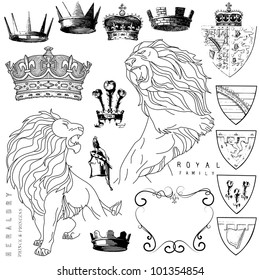 Set of lion and crown heraldry