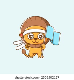 set Lion cute shouting with the flag and headband kawaii chibi character mascot illustration outline style design
