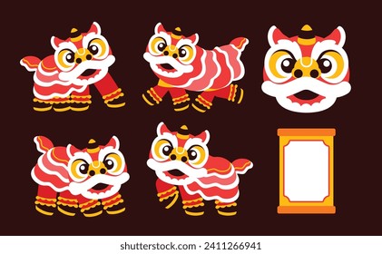 Set of lion dance, chinese new year elements in modern minimalist geometric style. Colorful illustration in flat vector cartoon style. Cute chinese lion costume on red isolated background.