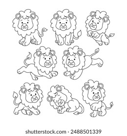 Set of lion doodle collection, lion outline coloring page or book animals for kindergarten, Vector line art set of animals wildlife, Hand drawn, Minimal lion line art doodle in different pose.