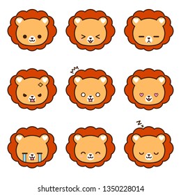 Set of Lion emoticons with different expressions. Emoji faces. Simple cartoon vector illustration