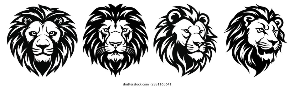 Set of Lion Faces Black Color Vector Illustration