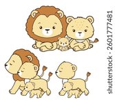 Set of Lion Family Collection Vector, Hand Drawn Lion and Lion Cub Cartoon, Minimal Lion Baby Line Art Doodle in Different Pose.