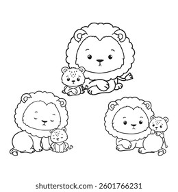 Set of Lion Father Collection Vector, Hand Drawn Lion and Lion Cub Outline Coloring Page, Minimal Lion Baby Line Art Doodle in Different Pose.