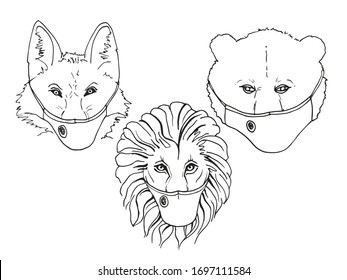 Juego de león, zorro y oso en una máscara médica protectora. Ilustración del contorno del vector.