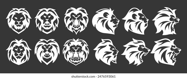 Set Of Lion Head Silhouettes In Black And White, Showcases A Unique Design And Style, Highlighting Strength, Courage