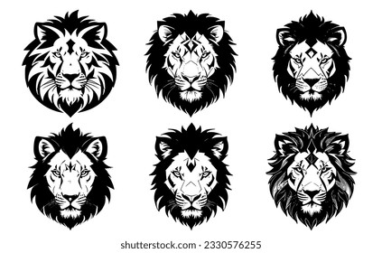 Set of lion heads with closed mouth, with different calm expressions of the muzzle. Symbols for tattoo, emblem or logo, isolated on a white background.
