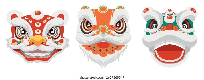 Set of lion heads, symbols of Chinese New Year in cartoon style. Vector illustration: red, orange, green heads with eyes, noses, mouths isolated on white background. Traditional festive lion dance.