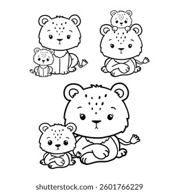 Set of Lion Mother Collection Vector, Hand Drawn Lion and Lion Cub Outline Coloring Page, Minimal Lion Baby Line Art Doodle in Different Pose.