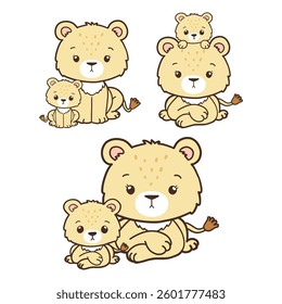 Set of Lion Mother Collection Vector, Hand Drawn Lion and Lion Cub Cartoon, Minimal Lion Baby Line Art Doodle in Different Pose.