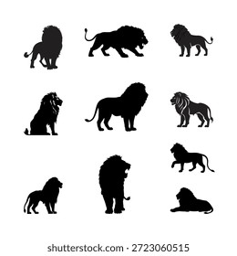 Conjunto de Ilustraciones vectoriales de silueta de león rugiendo caminando, sentado y saltando poses de león sobre fondo blanco. 